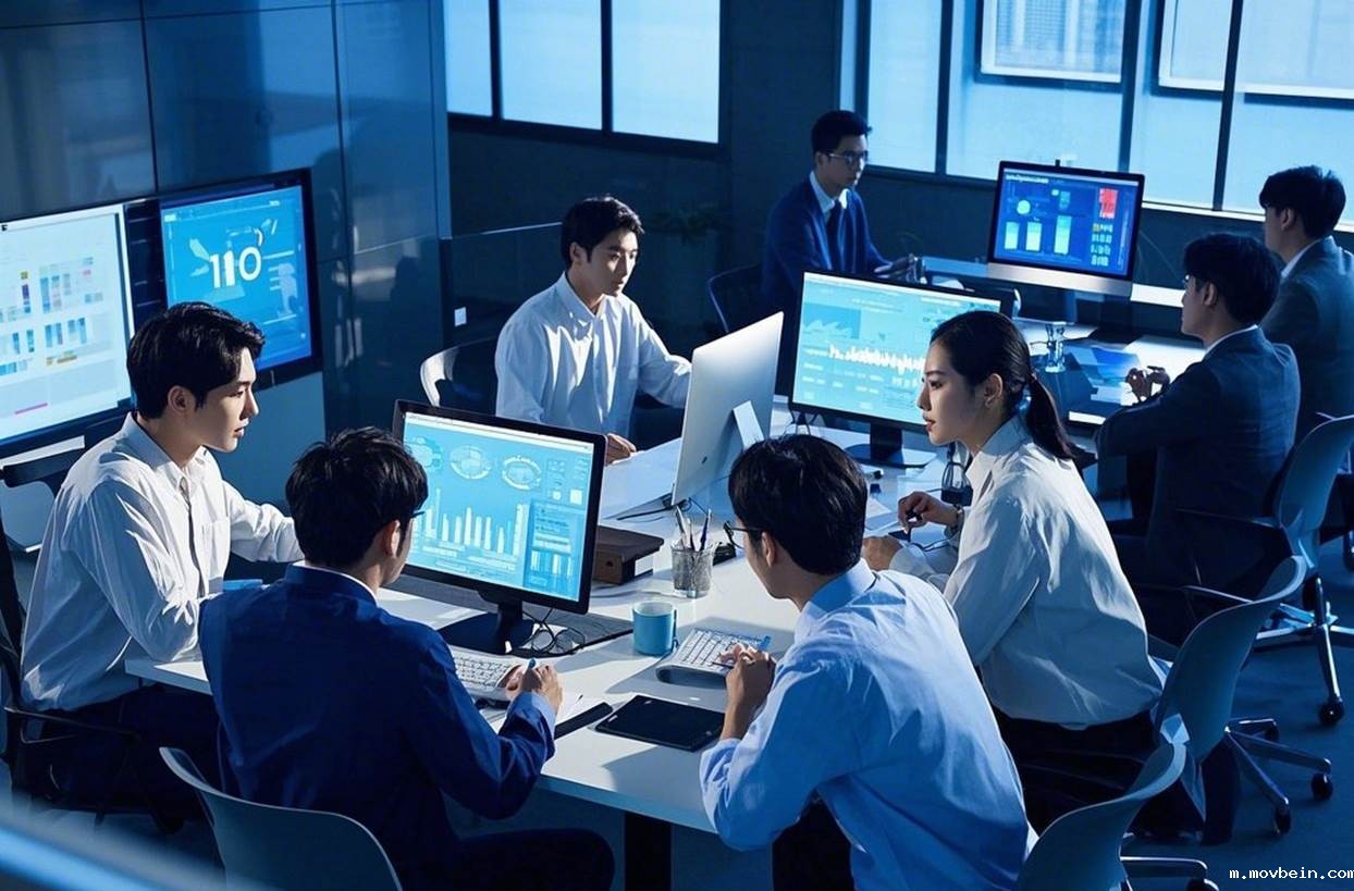 数字化营销团队开会讨论的图片(背景有数据大屏)